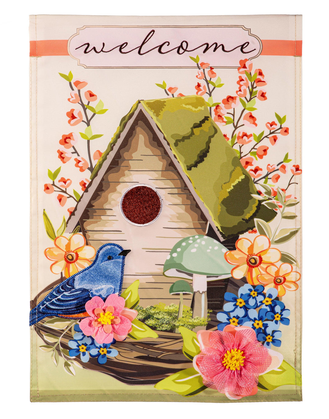 Spring Birdhouse 2 Sided Garden Flag Applique heartlandflags