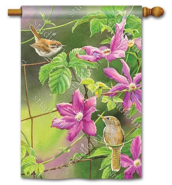 Wren with Purple Clematis Flag Vertical House Banner heartlandflags